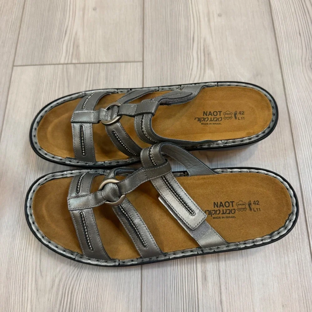 Naot‎ Brasilia Sterling Leather Sandals Silver Metallic Slides Womens 42 L11 NEW